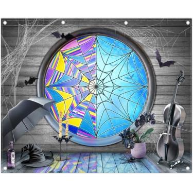 Imagem de Yriujul Tecido 3 x 2,4 m de teia de aranha de Halloween, cenário fotográfico, terror, gótico, lua, morcegos noturnos, fundo de madeira, para crianças, meninos, meninas, decoração de festa