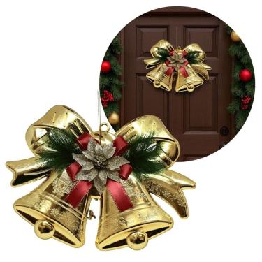 Imagem de Sino Duplo Dourado Decorado com Laço e Flor Bico de Papagaio Glitter 28cm x 20cm – Enfeite Natalino com Cordão para Pend