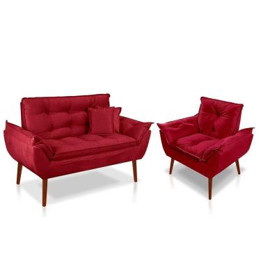 Imagem de Kit 01 Poltrona Opala + 01 Namoradeira Opala + 02 Almofadas Suede Vermelho