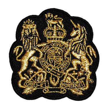 Imagem de 6,6 cm x 6,9 cm ouro renda leão unicórnio coroa real brasão brasão de armas aplique bordado costura DIY Iron on Patch