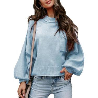 Imagem de Suéter feminino EVALESS, manga lanterna de inverno, azul celeste M