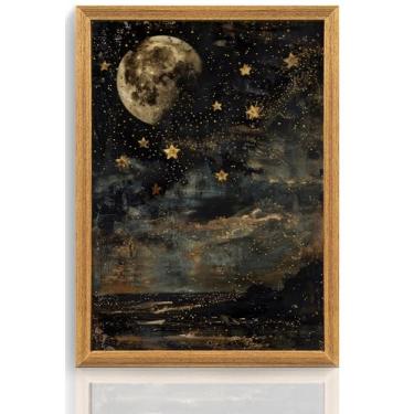 Imagem de ICHZUMW Arte de parede em tela Moody Gothic Moon and Stars, decoração de parede vintage Witchy Dark Academia, impressões de pôster de céu noturno celestial místico, decoração de casa gótica eclética