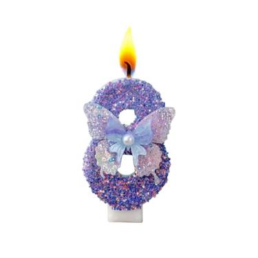 Imagem de Velas com números de aniversário, borboleta roxa para bolo, topo de bolo com glitter com lantejoulas para artigos de festa de casamento (número 8)