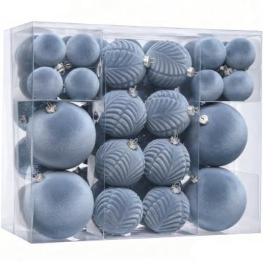 Imagem de Conjunto de 53 peças de enfeites de Natal de veludo, bolas de Natal azuis empoeiradas, com decoração de sinos de Natal e enfeites de papel, conjunto de decorações de árvore de Natal penduradas à prova