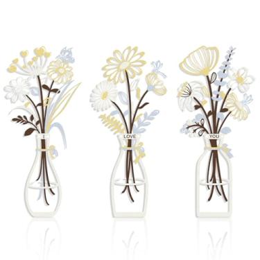 Imagem de RIJINDOUJIN Decoração de parede de flor de metal, 3 peças, decoração de arte de vaso floral branco-amarelo, arte minimalista de parede de metal para sala de estar, quarto, cozinha, leve, digno de