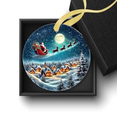 Imagem de Welshower Enfeites de trenó de rena de Papai Noel de Natal ao luar, decoração de inverno rústico, vila de inverno, céu noturno, árvore de Natal, enfeites decorativos de cerâmica para pendurar