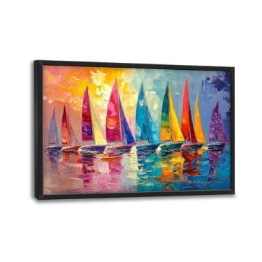 Imagem de Arte de parede em tela grande de veleiro costeiro para sala de estar, decoração de parede emoldurada de veleiros coloridos, pintura de imagens náuticas vintage, arte moderna para banheiro quarto 91 cm