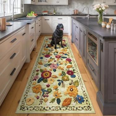 Imagem de GERUIMO Tapete de corredor lavável de 6 x 20 cm, tapete de área de corredor de cozinha, floral boho vintage verde, tapete ultra antiderrapante, tapete de lã sintética macia, adequado para crianças e