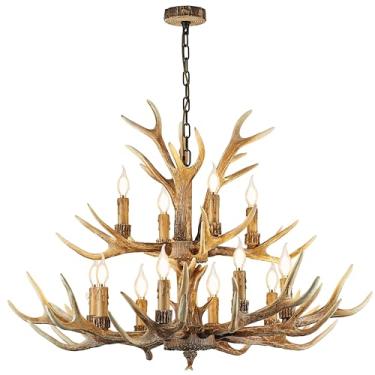 Imagem de Lustre de chifre de fazenda 12 luzes, luminárias de camada dupla vintage rural chifre de veado iluminação para sala de estar, sala de jantar, quarto (8 + 4 braços de lâmpada + 3 braços)
