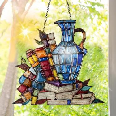 Imagem de Apanhador solar de acrílico colorido, decoração de janela para pendurar livros com design de vitral impresso, apanhador de sol, arte de parede de arco-íris, ornamentos de Natal para uso interno e