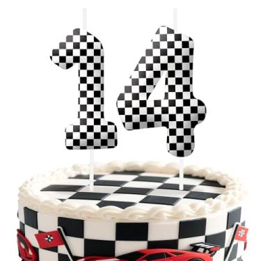 Imagem de Velas de aniversário número 14 de carros de corrida, preto e branco, topo de bolo com tema de bandeira quadriculada para meninos e meninas, decorações de bolo para aniversários, suprimentos de festa