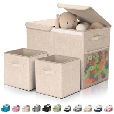 Imagem de Fiwochic Pacote com 3 caixas de armazenamento de brinquedos grandes de 58 cm com caixas de armazenamento de cubos de 28 cm, baú organizador de brinquedos dobrável com tampas para berçário, sala de