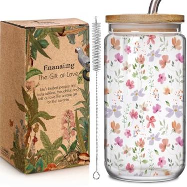 Imagem de Enanaimg Copo de vidro floral Wildflower 473 ml com tampa de bambu, presentes cristãos para mulheres, mãe, presentes de copo de bebida de flores fofas para melhor amiga, mãe, aniversário, festa de