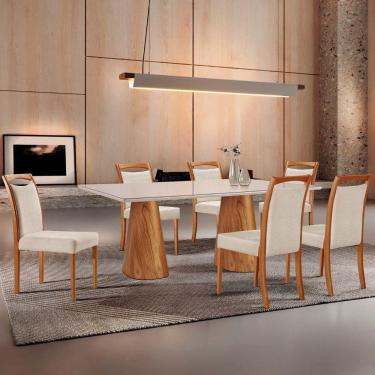 Imagem de Mesa Noronha 180cm Tampo Com Vidro Laqueado Com 6 Cadeiras Linho Off White Imbuia Natural