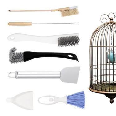 Imagem de DINTSTYLE Conjunto de 7 peças limpador de gaiola de pássaros, ferramenta de limpeza de gaiola de animais pequenos, escova de limpeza de madeira e aço inoxidável, escova de limpeza de cabo longo