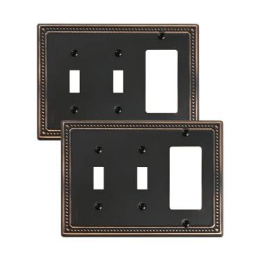 Imagem de TREEWELL Pacote com 2 placas decoradoras/interruptores de luz duplos, placas decorativas de bronze envelhecido e tampas de tomada, placas de parede de metal para tomadas elétricas