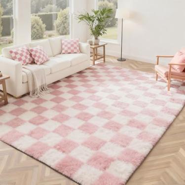 Imagem de Andency Tapete rosa de 1,8 x 2,5 m para sala de estar, clássico, xadrez, tapete felpudo antiderrapante, macio, macio, tapete felpudo para quarto, quarto de criança, berçário, sala de jogos, lindo