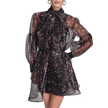 Imagem de BCBG Minivestido feminino de manga comprida com gola redonda e sobreposição de organza, Preto/rosa choque, 44