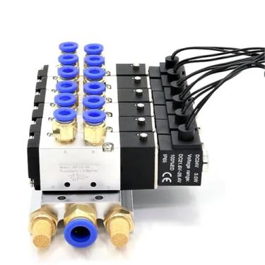 Imagem de 1 peça de válvula solenoide combinação multivias 4V110-06 estações de coletor DC12V 24V AC 220V com acessórios 5 portas 2 posições válvulas solenoide (3 fileiras 6 mm encaixe, AC110V)