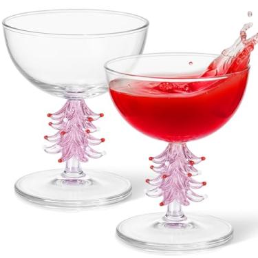Imagem de Sunnychicc 2 peças de taça de vinho com haste de árvore de Natal de cristal vintage elegante taça de vinho para festa alegre festiva ano novo torcida natal inverno estação decoração (rosa)