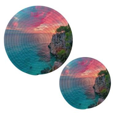 Imagem de Blueangle 2 peças de suporte de panela para trivet colorido nascer do sol - conjunto de pegadores de panela de tecido redondo - almofadas quentes trançadas de algodão - porta-copos - tapetes de mesa