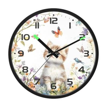 Imagem de SEHANY Relógio de parede de gato fofo, silencioso, sem tique-taque, operado por bateria, controle de som, luz noturna, relógios de parede para sala de estar, cozinha, quarto, escritório, decoração de