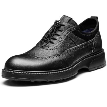 Imagem de Jepsen Gord Sapatos sociais masculinos casuais de couro genuíno com ponta de asa Oxford conforto formal negócios casamento Derby tênis, Preto, 39