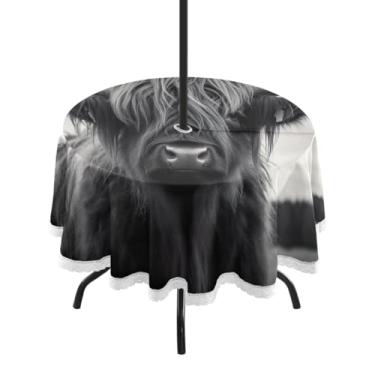 Imagem de ATTX Toalha de mesa redonda engraçada de vaca Highland – 152 cm, impermeável, à prova de derramamento, uso interno/externo, com orifício para guarda-chuva com zíper para acampamento, piquenique, praia
