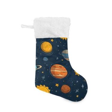 Imagem de ATTX 1 pacote de meias de Natal com desenho animado sistema solar planetas com punho de pelúcia branco - Decoração de Natal para presentes, meia de 48 polegadas (482)