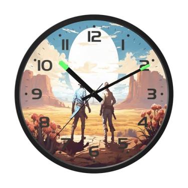 Imagem de SEHANY Relógio de parede Western Cowboy silencioso sem tique-taque, relógio redondo operado por bateria, controle de som, luz noturna, relógios de parede para sala de estar, cozinha, quarto