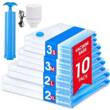 Imagem de AROIC Conjunto de 10 sacos de armazenamento a vácuo – Sacos de vácuo economizadores de espaço para roupas, cobertores, armazenamento sazonal com bomba elétrica, sacos seladores a vácuo para bagagem