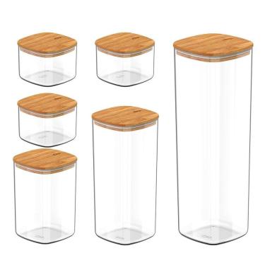 Imagem de Kit 6 Potes Herméticos 3X 0,45L, 1L, 1,5L E 2L Tampa Bambu