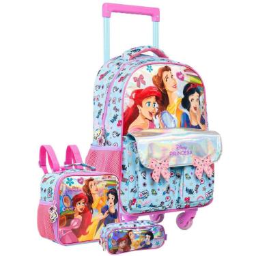 Imagem de Kit Princesas Luxo Mochila 4 Rodas Costas + Lancheira Estojo