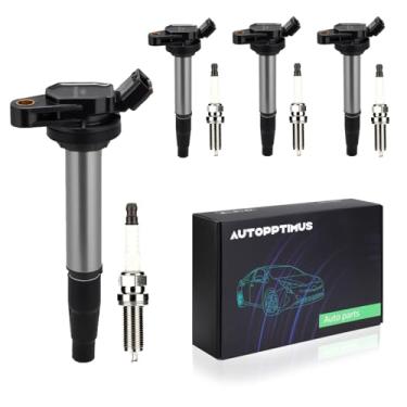 Imagem de Autopptimus Conjunto de 4 bobinas de ignição e velas de ignição UF619 compatível com Toyota, Scion, Corolla, Matrix Prius V Plug-In Vibe xD CT200h substitui 90919-02252 UF619
