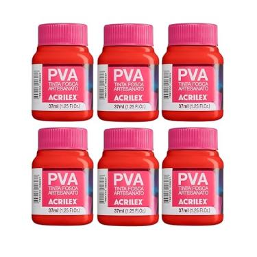 Imagem de Kit 6 Tintas PVA Fosca Acrilex Vermelho Fogo 507 37ml para Madeira MDF Gesso Cerâmica Isopor Papel Alta Cobertura Secagem Rápida Artesanato