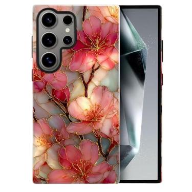 Imagem de heindiy Compatível com Samsung Galaxy S24 Ultra, capa brilhante, proteção total, à prova de choque, anti-arranhões, capa de TPU, capas para homem, mulher, flores rosa, vitrais