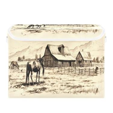 Imagem de Wassud Cestos de armazenamento dobráveis com tampas, cavalos e nuvens, cestos organizadores dobráveis para armário, casa e decoração sazonal 41,5 x 32,5 x 29,5 cm