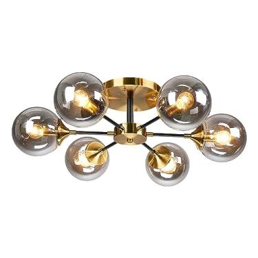 Imagem de Luminária de teto moderna com 6 lâmpadas, globo dourado, metal latão escovado, luminária de embutir para banheiro, estilo meados do século XX, cúpula de vidro cinza fumê, lustre Sputnik.