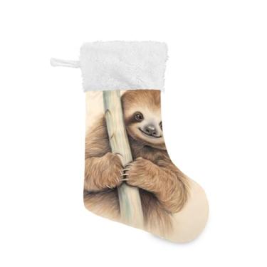 Imagem de Wassud Meias de Natal Preguiça no Galho (2) Meias Grandes de Natal 45,7 cm Meias de Natal com Punho Branco Pendurado Decoração de Natal Pacote com 2