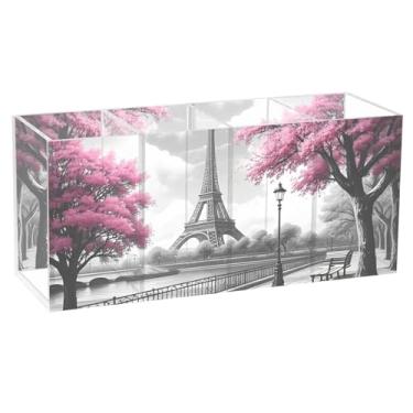 Imagem de CEBUGI Porta-canetas de acrílico com 4 compartimentos, organizador de lápis transparente preto da Torre Eiffel, suporte de pincéis de maquiagem para escritório em casa