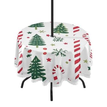 Imagem de CEBUGI Toalha de mesa redonda para uso ao ar livre, árvore de Natal, impermeável, com furo Umberlla, capa de mesa lavável para pátio, cozinha, sala de jantar, 152 cm