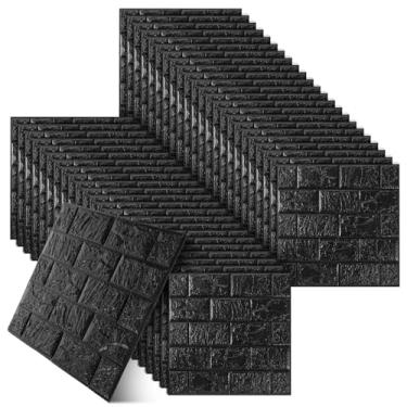 Imagem de 40 peças de painéis de parede 3D de 38,65 pés quadrados Descasque e cole papel de parede de tijolo preto de espuma sintética 3D painéis de azulejos de parede de tijolos decorativos papel de parede