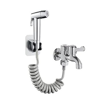 Imagem de uhyOHF Conjunto de bidê portátil jato spray para pano de vaso sanitário pulverizador de fraldas para pia modo duplo mangueira de 2 m cabeça de pulverizador de bidê cromado G1/2 torneira dupla para