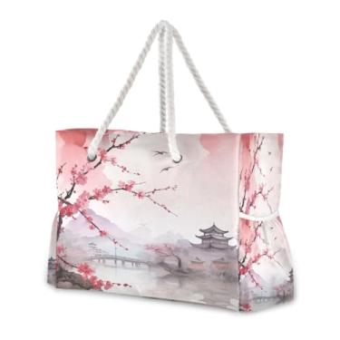 Imagem de Wassud Bolsa de praia em aquarela linda flor grande bolsa de praia para mulheres, à prova d'água, à prova de areia, bolsa de viagem com zíper e bolso, piscina, academia, acampamento