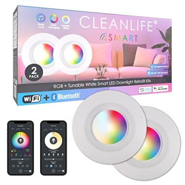 Imagem de CLEANLIFE Pacote com 2 luzes embutidas de LED inteligente retrofit RGB + Bluetooth ajustável que muda de cor branca + WiFi regulável luzes de lata de LED para 5 e 6 polegadas - 12W, equivalente a 65 W