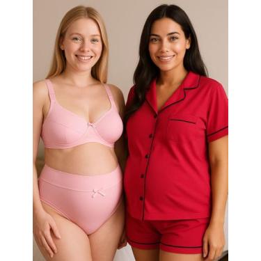 Imagem de Combo Amamentação Pijama com Botões Sutiã com Clique e Calcinha Pós Pa