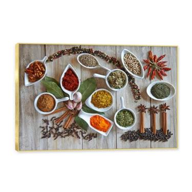 Imagem de NHLDZYH Moldura dourada. Tela decorativa cozinha, arte vintage especiarias coloridas, arte de parede quadros para sala de estar quarto cozinha. B03. 30x45cm