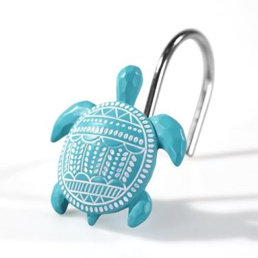 Imagem de Ganchos de cortina de chuveiro de tartaruga marinha: anéis de cortina de chuveiro náuticos azul-petróleo - turquesa aqua oceano praia tema costeiro cabides à prova de ferrugem para banheiro tropical