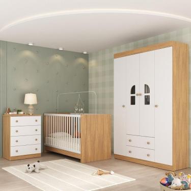 Imagem de Quarto De Bebê Completo Berço 3 Em 1 Para Colchão 130x60cm Amora Multimóveis MP4553 Madeirado-branco