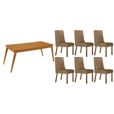 Imagem de Sala Jantar Mesa Havana Tampo Curvo 180cm+6 Cadeiras Dakota Madeira Naturale - Capuccino/Linho Bege - Rufato
